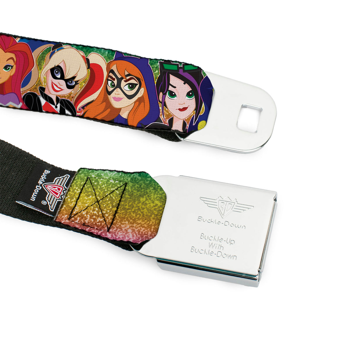 DC SUPERHERO GIRLS Logo Full Color Black Gold Red Blue Seatbelt Belt - DC SUPERHERO GIRLS 9-Character Group Pose Green/Yellow/Pink-Fade Webbing Seatbelt Belts DC Comics