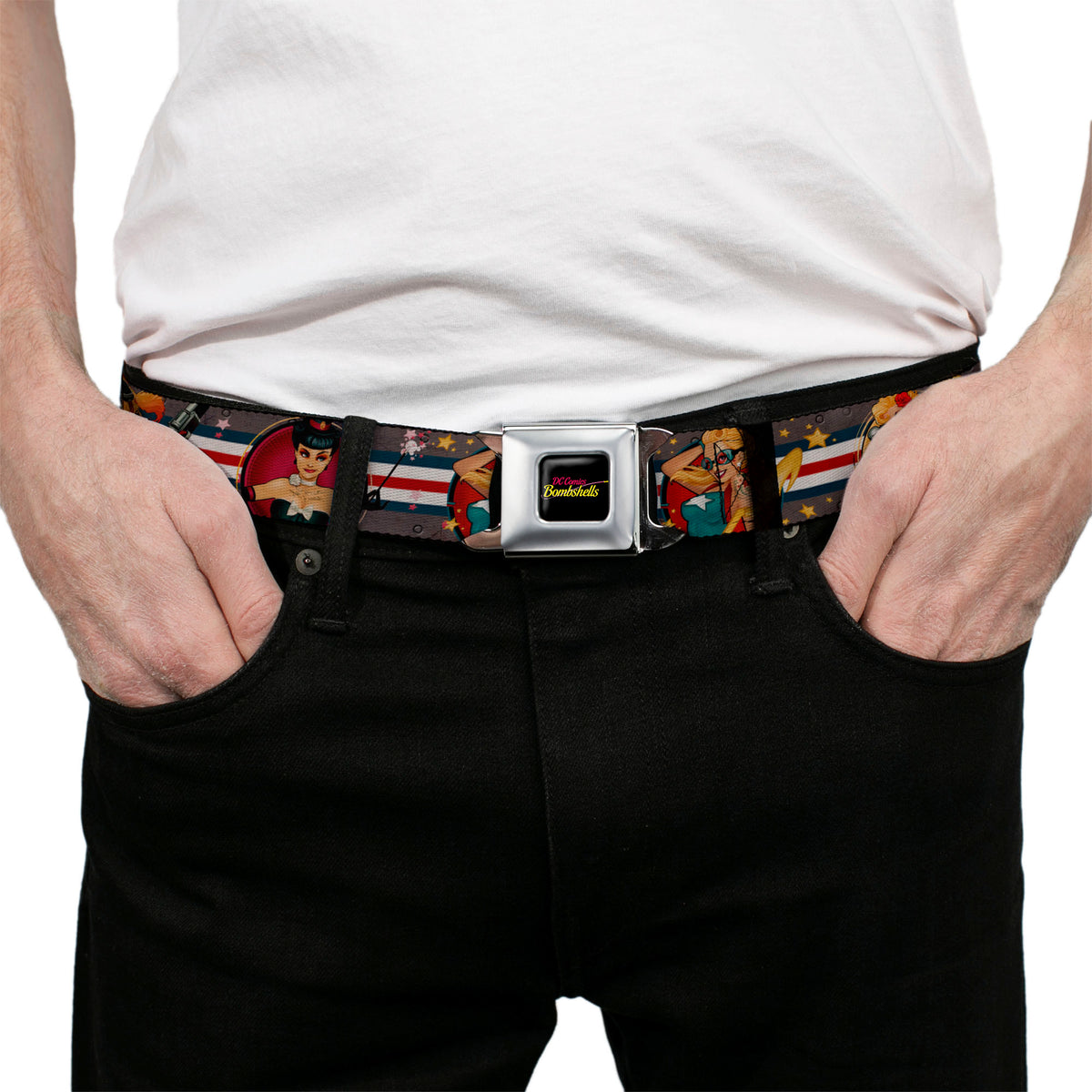 DC COMICS BOMBSHELLS Logo Full Color Black/Pinks/Yellow Seatbelt Belt - DC Bombshell Pin-Up Girls Webbing Seatbelt Belts DC Comics