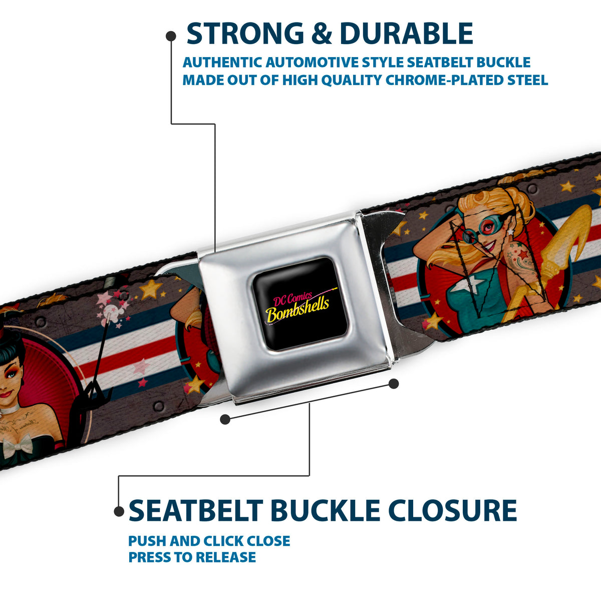DC COMICS BOMBSHELLS Logo Full Color Black/Pinks/Yellow Seatbelt Belt - DC Bombshell Pin-Up Girls Webbing Seatbelt Belts DC Comics