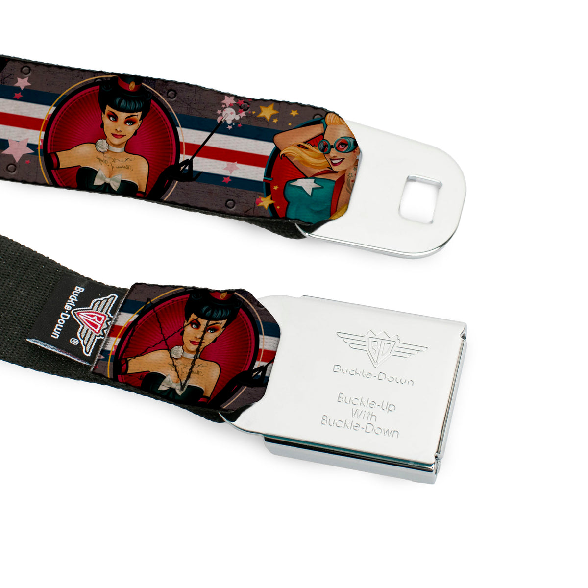 DC COMICS BOMBSHELLS Logo Full Color Black/Pinks/Yellow Seatbelt Belt - DC Bombshell Pin-Up Girls Webbing Seatbelt Belts DC Comics