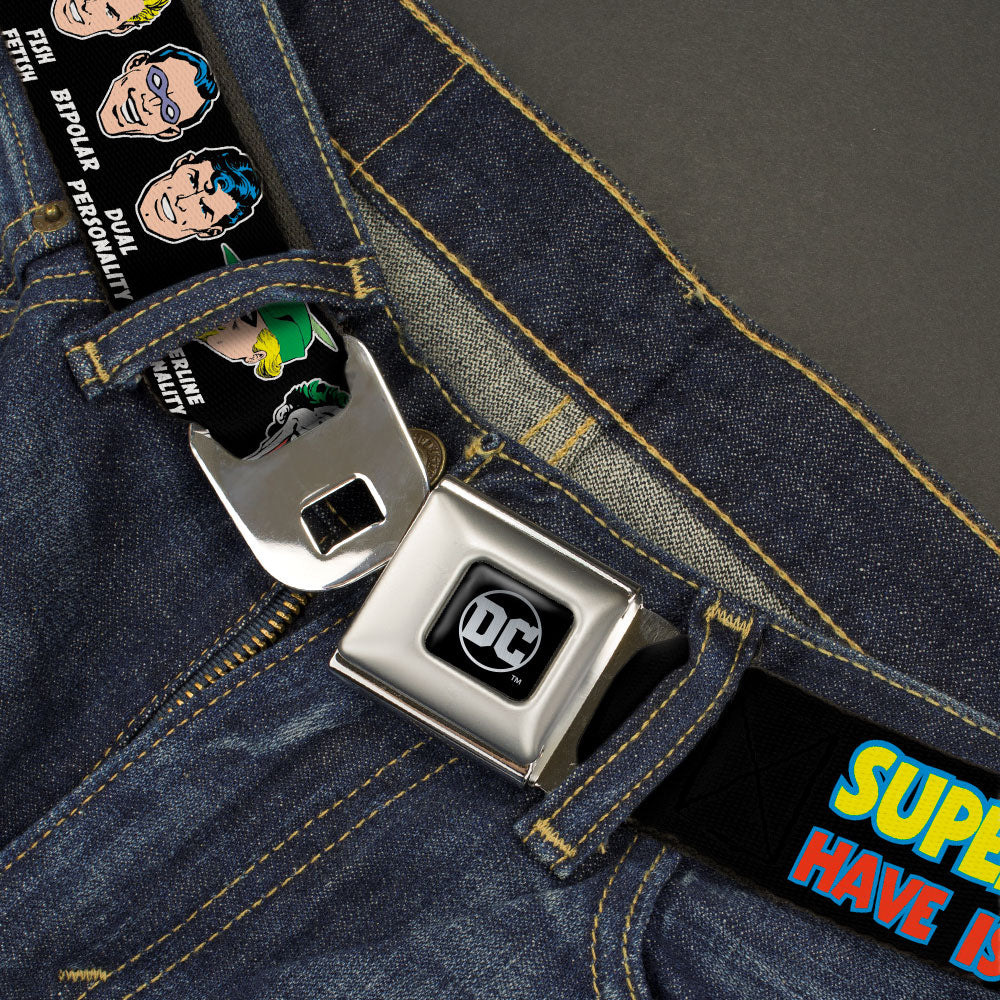 DC Round Logo Black/Silver Seatbelt Belt - DC Originals SUPER HEROES HAVE ISSUES TOO! Faces/Issues Black Webbing Seatbelt Belts DC Comics