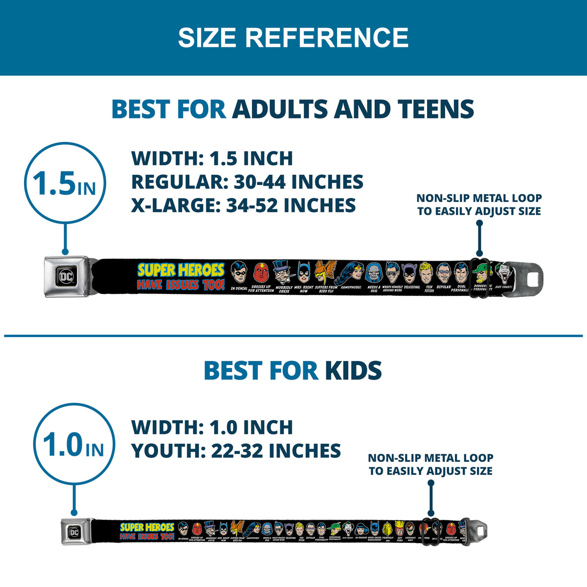 DC Round Logo Black/Silver Seatbelt Belt - DC Originals SUPER HEROES HAVE ISSUES TOO! Faces/Issues Black Webbing Seatbelt Belts DC Comics