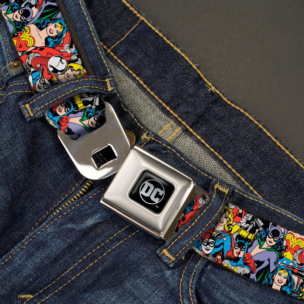 DC Round Logo Black/Silver Seatbelt Belt - DC Comics 3-Superheroine/2-Villain Character Collage Webbing Seatbelt Belts DC Comics