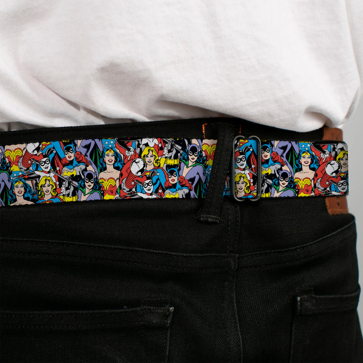DC Round Logo Black/Silver Seatbelt Belt - DC Comics 3-Superheroine/2-Villain Character Collage Webbing Seatbelt Belts DC Comics
