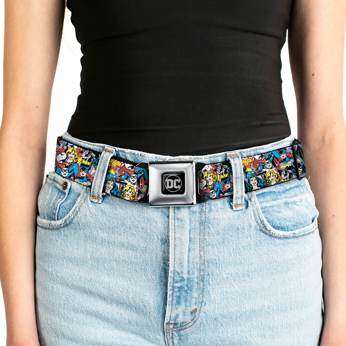 DC Round Logo Black/Silver Seatbelt Belt - DC Comics 3-Superheroine/2-Villain Character Collage Webbing Seatbelt Belts DC Comics