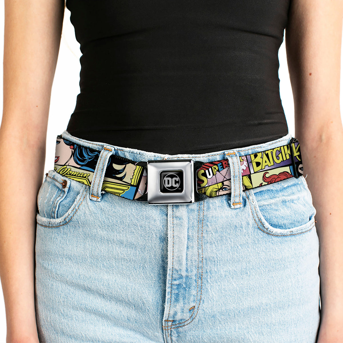 DC Round Logo Black/Silver Seatbelt Belt - Superheroines Wonder Woman/Supergirl/Batgirl Webbing Seatbelt Belts DC Comics