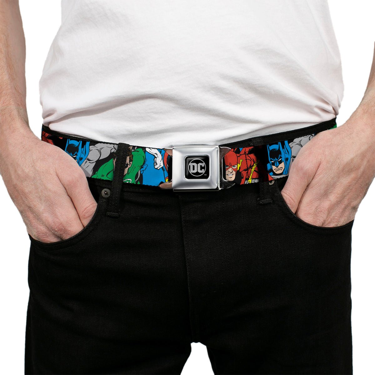 DC Round Logo Black/Silver Seatbelt Belt - Justice League Superheroes CLOSE-UP New Webbing Seatbelt Belts DC Comics
