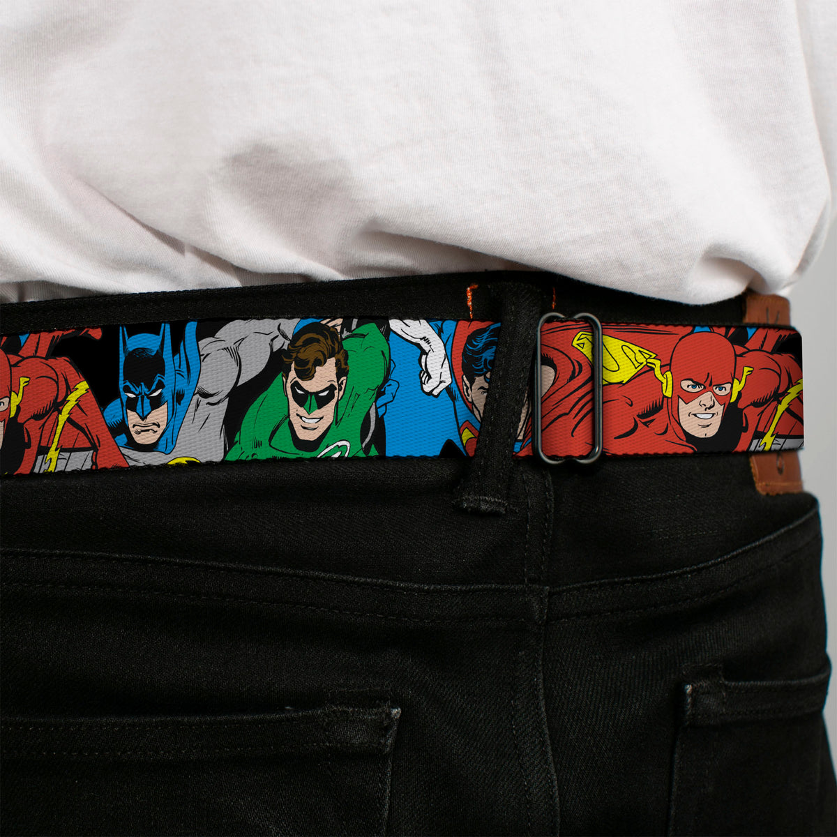 DC Round Logo Black/Silver Seatbelt Belt - Justice League Superheroes CLOSE-UP New Webbing Seatbelt Belts DC Comics