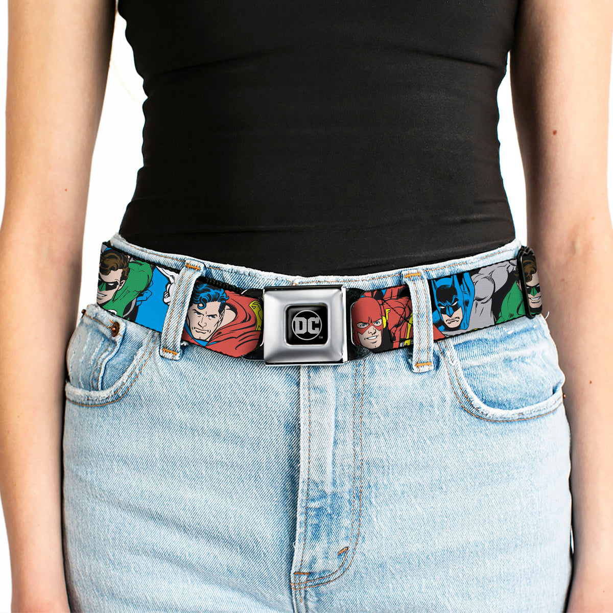 DC Round Logo Black/Silver Seatbelt Belt - Justice League Superheroes CLOSE-UP New Webbing Seatbelt Belts DC Comics