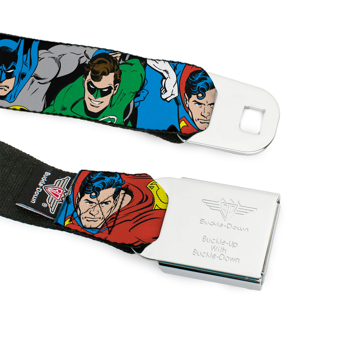 DC Round Logo Black/Silver Seatbelt Belt - Justice League Superheroes CLOSE-UP New Webbing Seatbelt Belts DC Comics