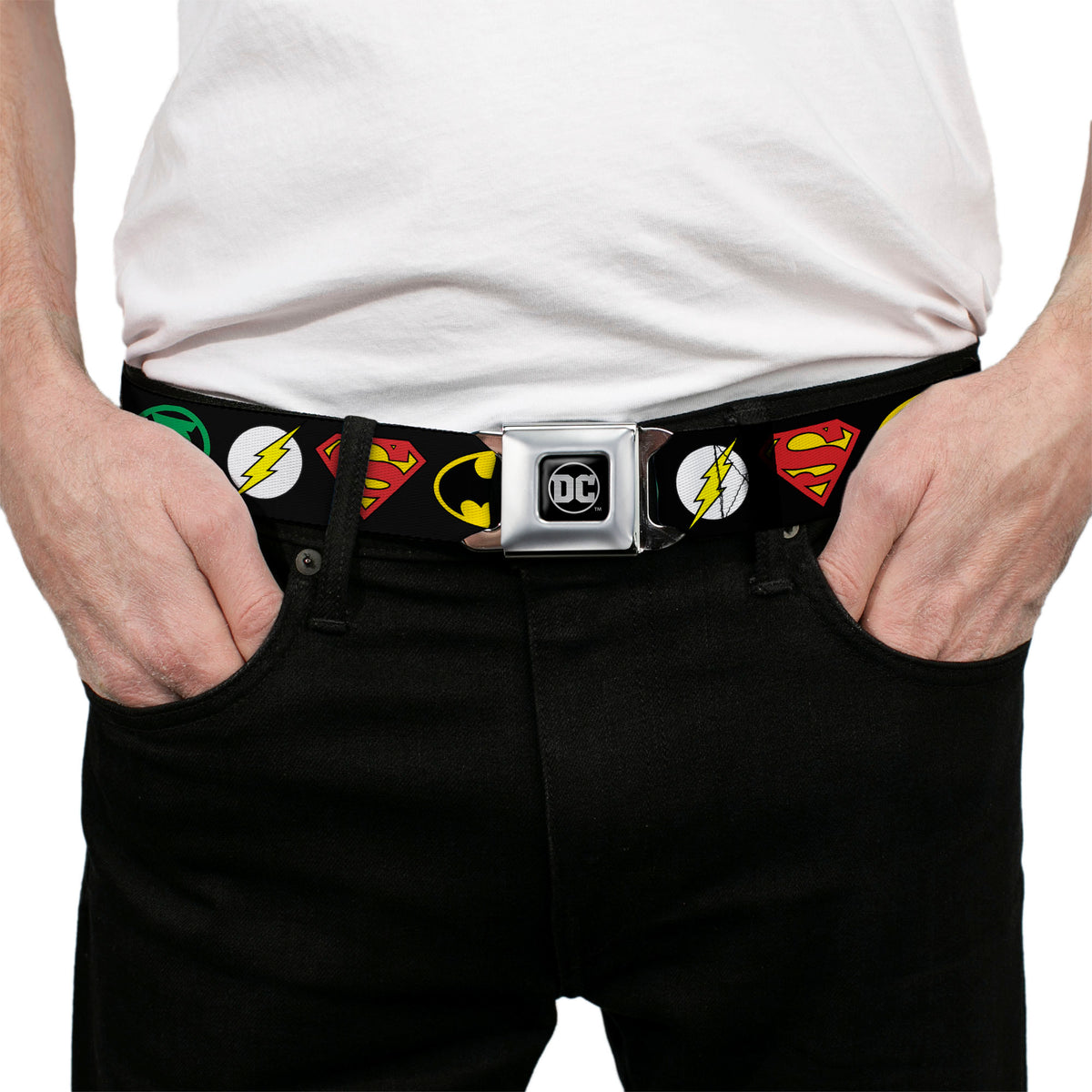 DC Round Logo Black/Silver Seatbelt Belt - Justice League Superhero Logos Webbing Seatbelt Belts DC Comics