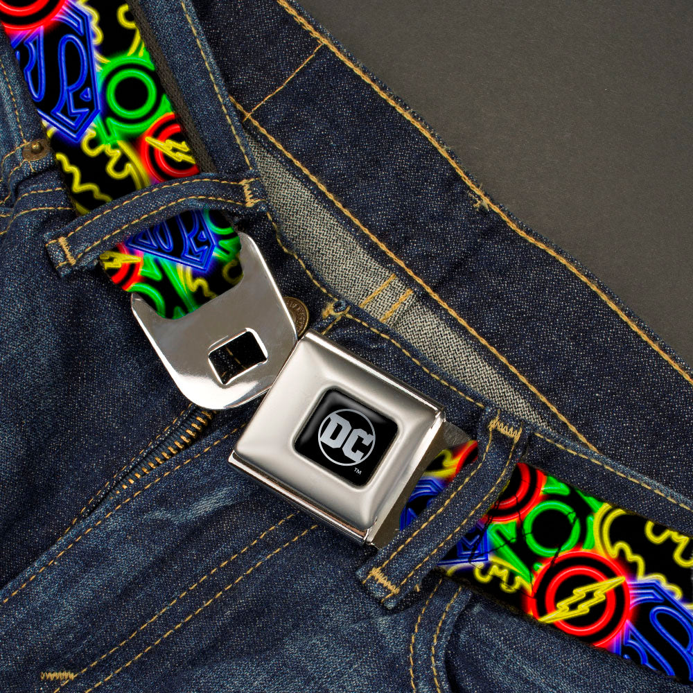 DC Round Logo Black/Silver Seatbelt Belt - Justice League Electric Logos Stacked Black/Multi Neon Webbing Seatbelt Belts DC Comics