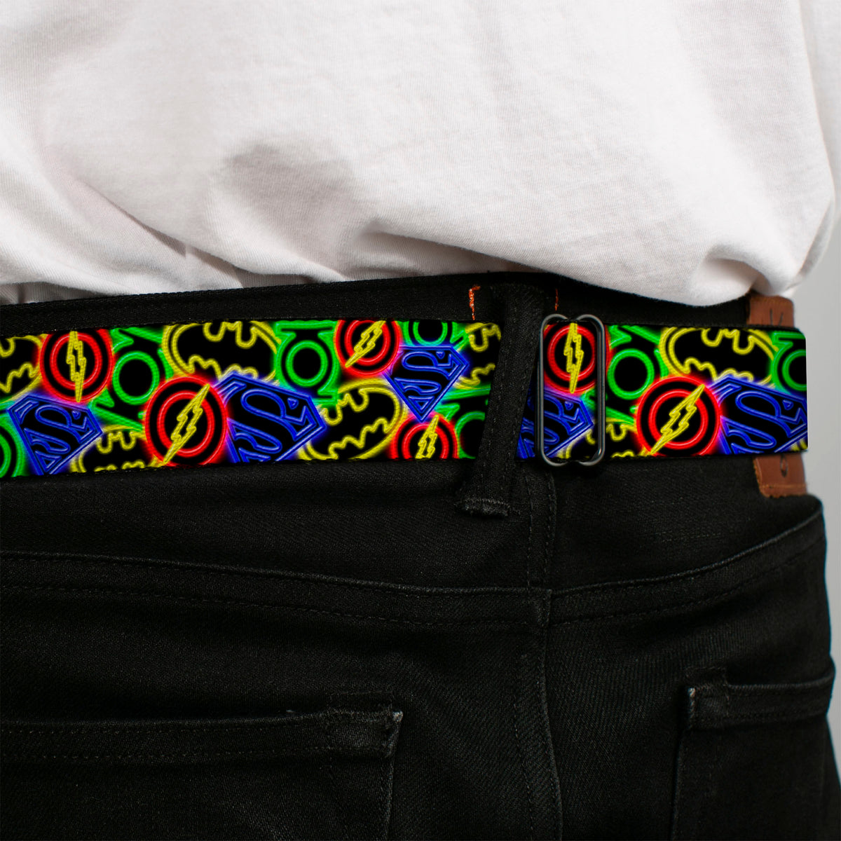 DC Round Logo Black/Silver Seatbelt Belt - Justice League Electric Logos Stacked Black/Multi Neon Webbing Seatbelt Belts DC Comics
