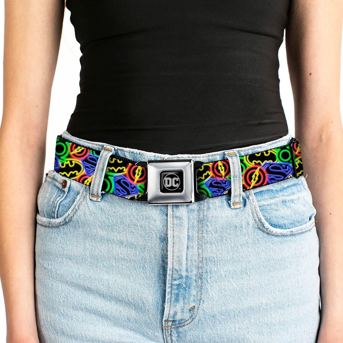 DC Round Logo Black/Silver Seatbelt Belt - Justice League Electric Logos Stacked Black/Multi Neon Webbing Seatbelt Belts DC Comics