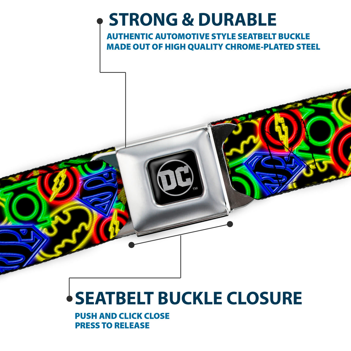 DC Round Logo Black/Silver Seatbelt Belt - Justice League Electric Logos Stacked Black/Multi Neon Webbing Seatbelt Belts DC Comics