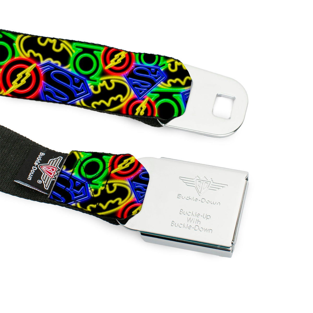 DC Round Logo Black/Silver Seatbelt Belt - Justice League Electric Logos Stacked Black/Multi Neon Webbing Seatbelt Belts DC Comics