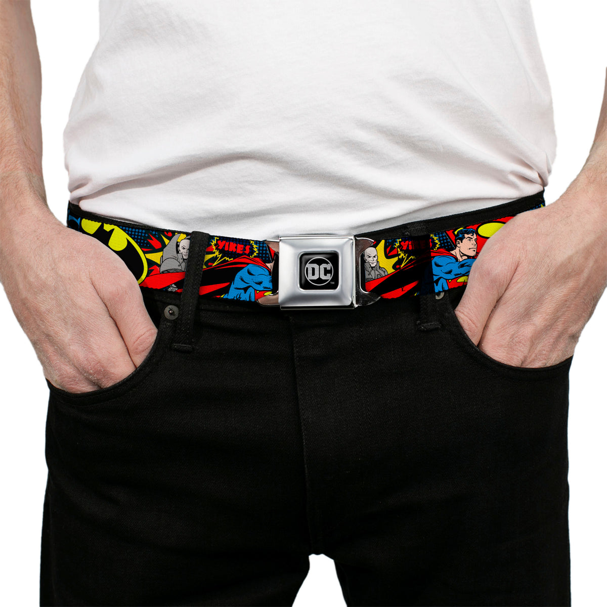 DC Round Logo Black/Silver Seatbelt Belt - Classic Batman/Joker & Superman/Lex Luthor Halftone Black/Blue Webbing Seatbelt Belts DC Comics