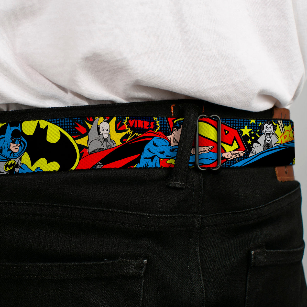 DC Round Logo Black/Silver Seatbelt Belt - Classic Batman/Joker & Superman/Lex Luthor Halftone Black/Blue Webbing Seatbelt Belts DC Comics