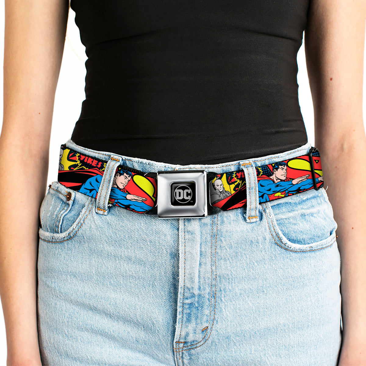 DC Round Logo Black/Silver Seatbelt Belt - Classic Batman/Joker & Superman/Lex Luthor Halftone Black/Blue Webbing Seatbelt Belts DC Comics