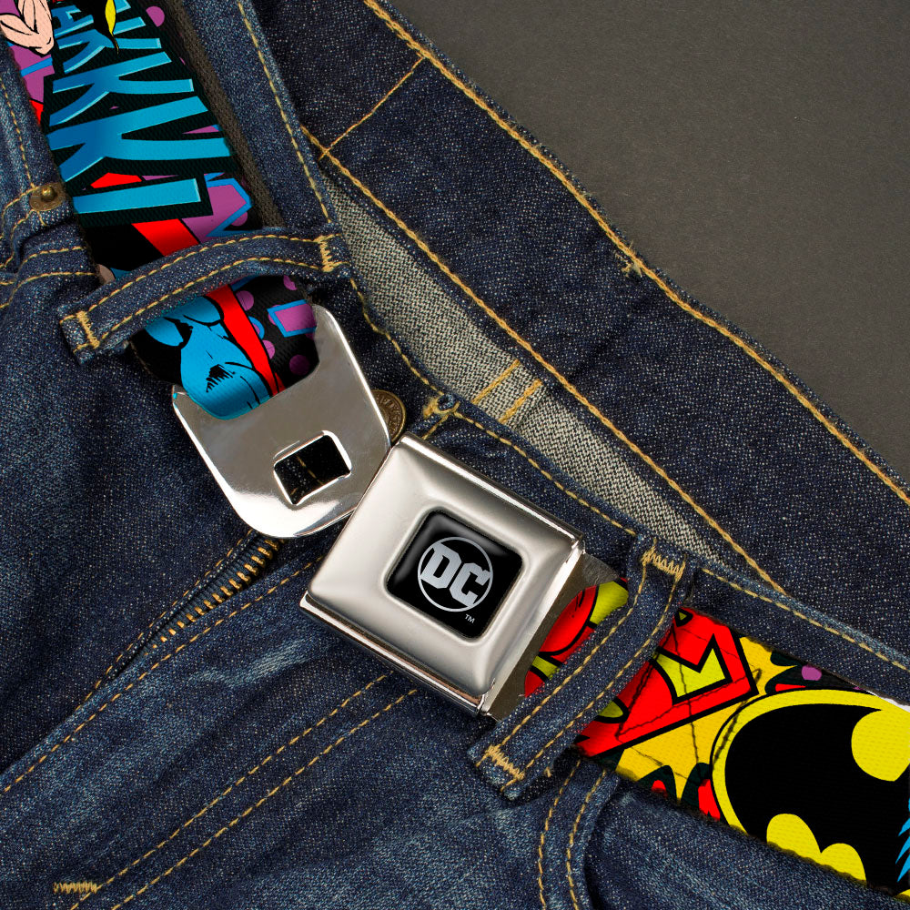 DC Round Logo Black/Silver Seatbelt Belt - Batman/Robin/Superman Pose/Logo Dot Black/Purple Webbing Seatbelt Belts DC Comics