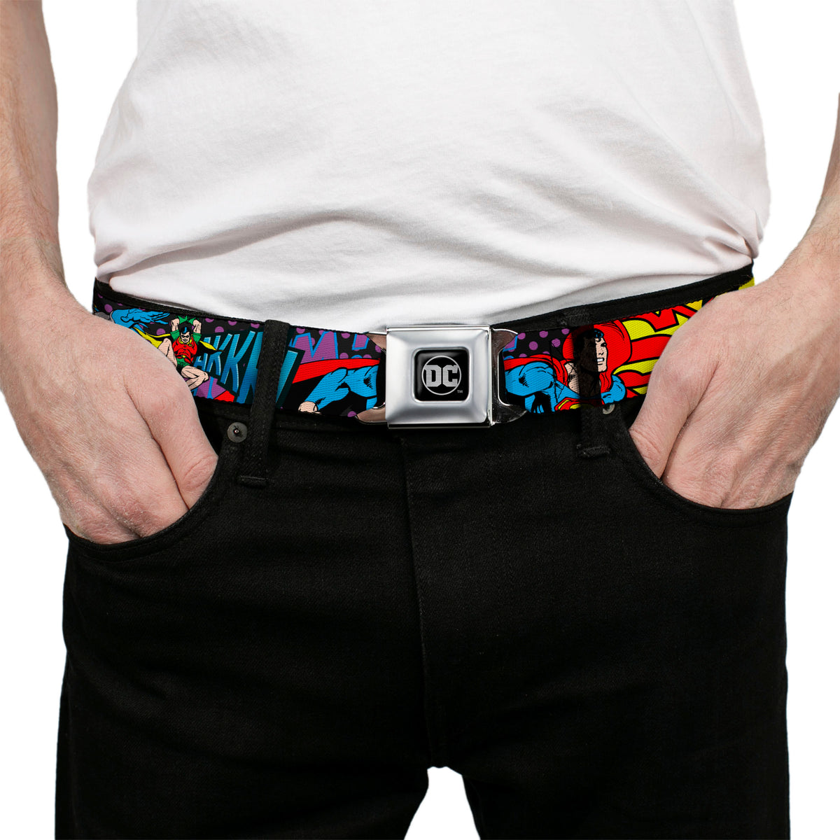 DC Round Logo Black/Silver Seatbelt Belt - Batman/Robin/Superman Pose/Logo Dot Black/Purple Webbing Seatbelt Belts DC Comics