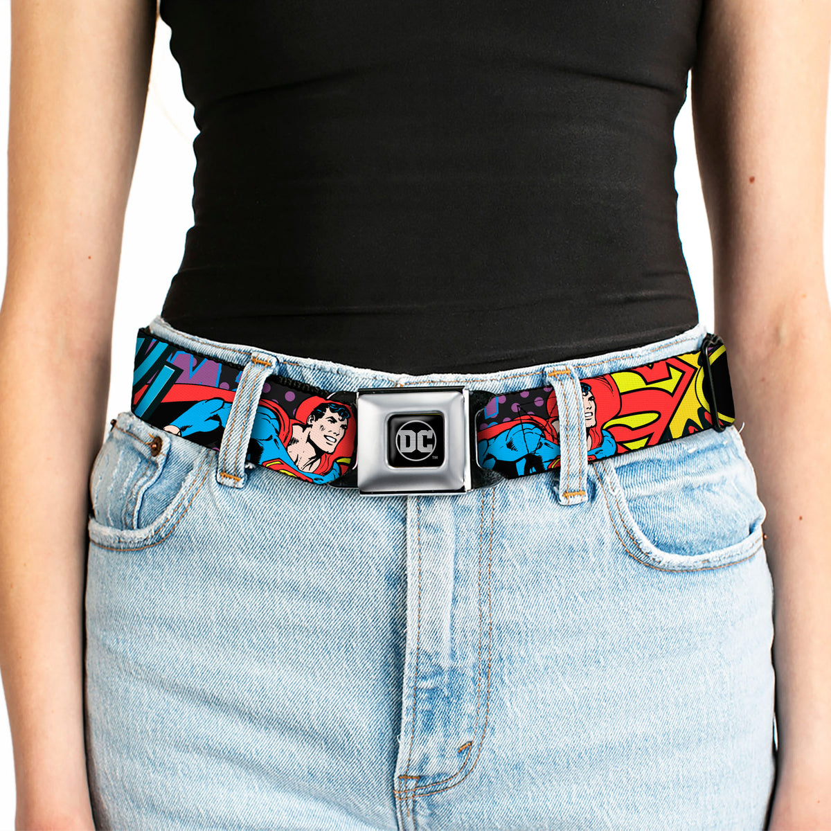 DC Round Logo Black/Silver Seatbelt Belt - Batman/Robin/Superman Pose/Logo Dot Black/Purple Webbing Seatbelt Belts DC Comics