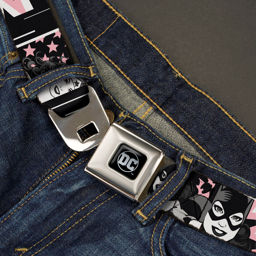 DC Round Logo Black/Silver Seatbelt Belt - Batgirl/Wonder Woman/Supergirl Retro Panels Black/Pink/White Webbing Seatbelt Belts DC Comics