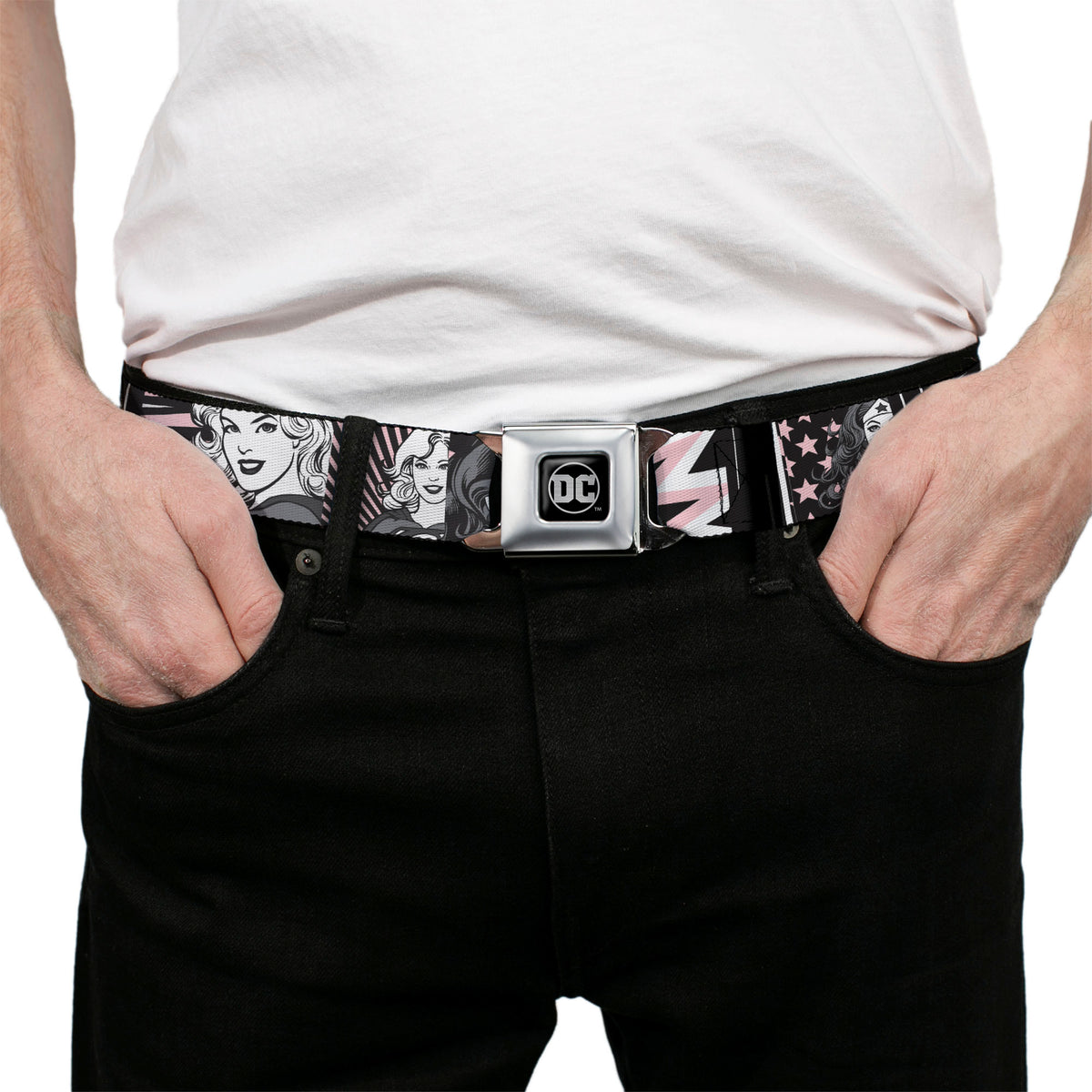 DC Round Logo Black/Silver Seatbelt Belt - Batgirl/Wonder Woman/Supergirl Retro Panels Black/Pink/White Webbing Seatbelt Belts DC Comics