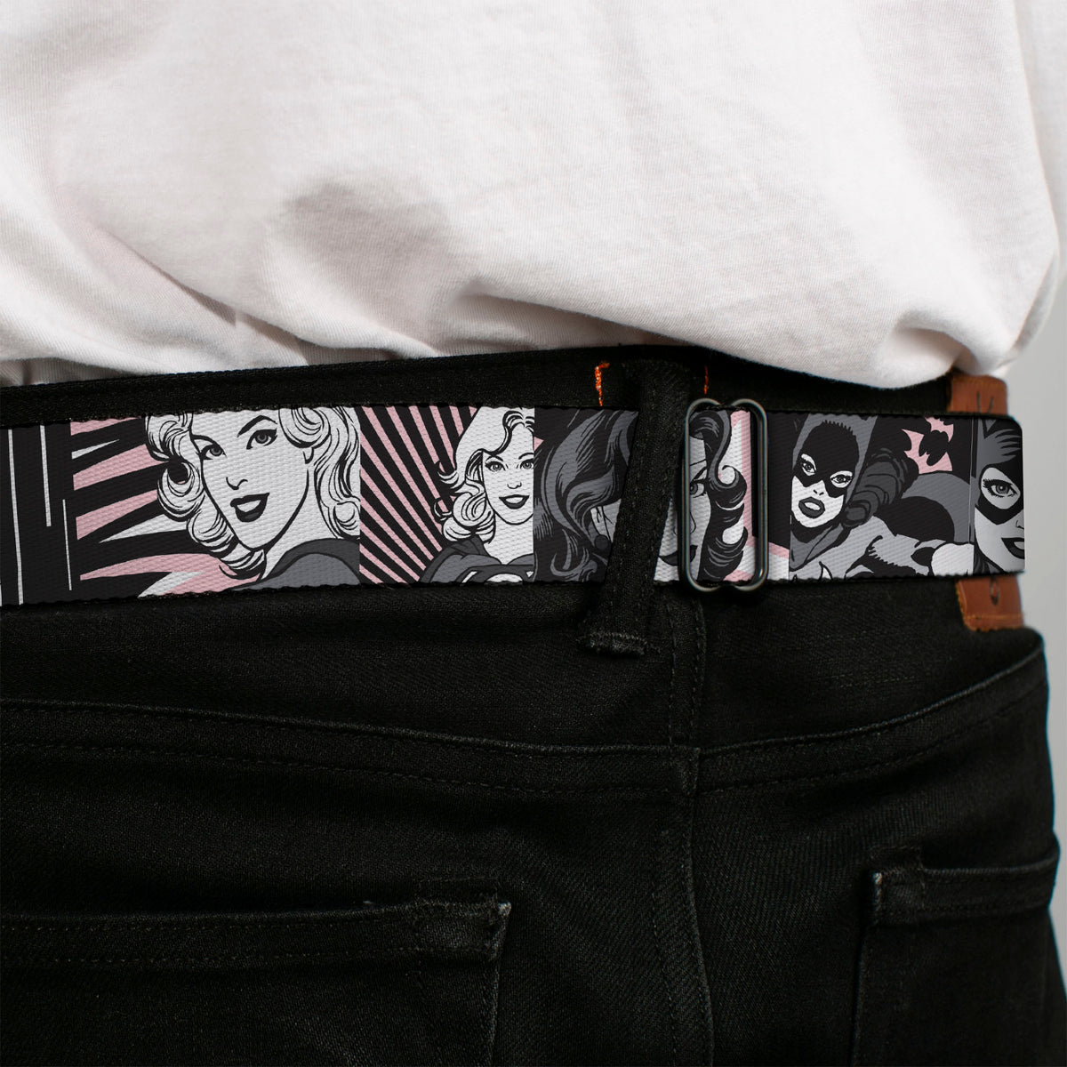 DC Round Logo Black/Silver Seatbelt Belt - Batgirl/Wonder Woman/Supergirl Retro Panels Black/Pink/White Webbing Seatbelt Belts DC Comics
