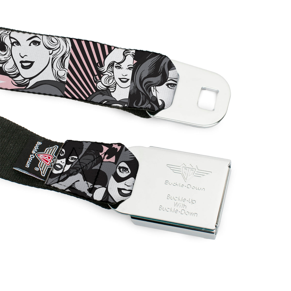 DC Round Logo Black/Silver Seatbelt Belt - Batgirl/Wonder Woman/Supergirl Retro Panels Black/Pink/White Webbing Seatbelt Belts DC Comics