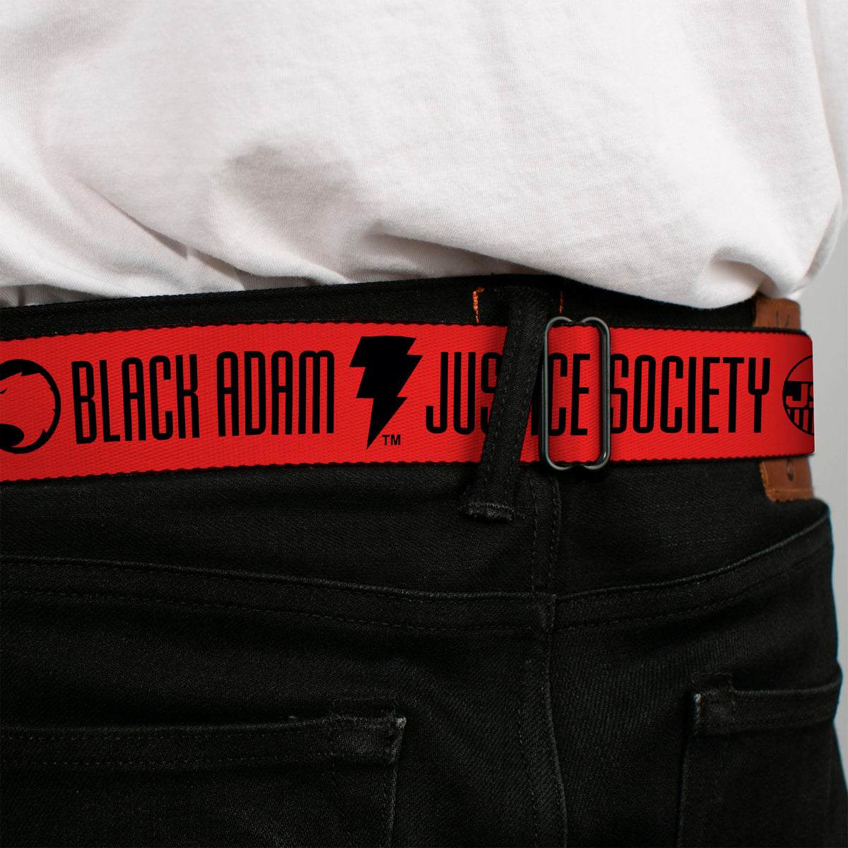 DC BLACK ADAM Title Logo Full Color Black/White Seatbelt Belt - Black Adam JUSTICE SOCIETY Icons and Text Red/Black Webbing Seatbelt Belts DC Comics