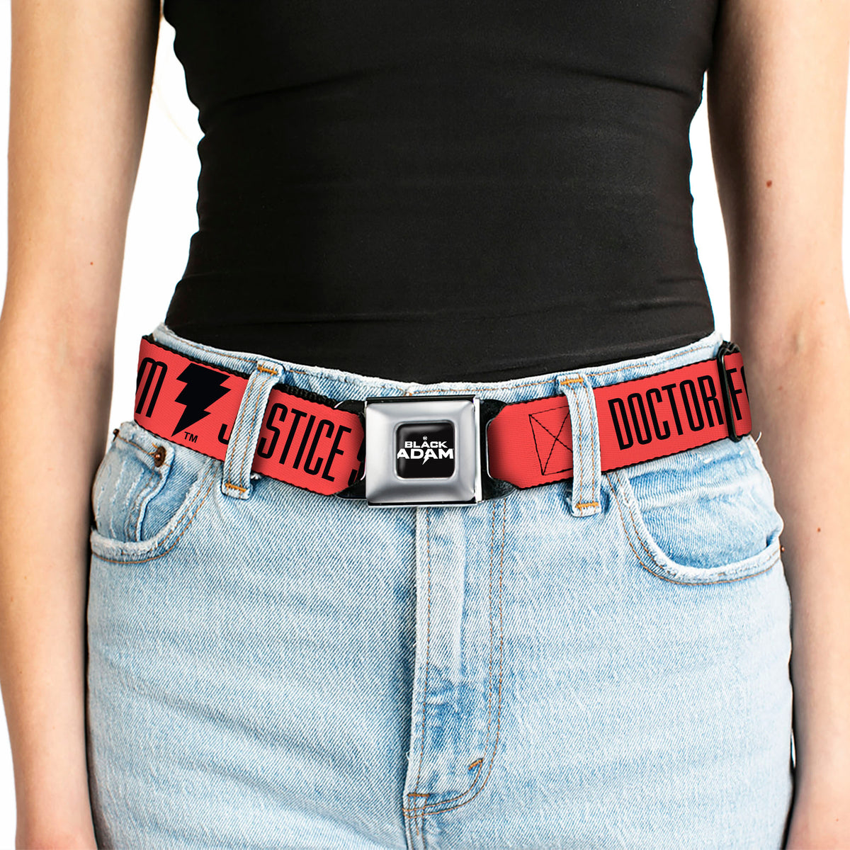 DC BLACK ADAM Title Logo Full Color Black/White Seatbelt Belt - Black Adam JUSTICE SOCIETY Icons and Text Red/Black Webbing Seatbelt Belts DC Comics