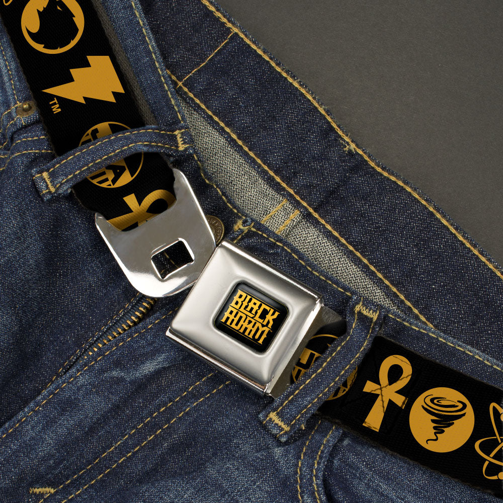 BLACK ADAM Title Logo Full Color Black/Yellows Seatbelt Belt - Black Adam Justice Society Icons Black/Orange Webbing Seatbelt Belts DC Comics