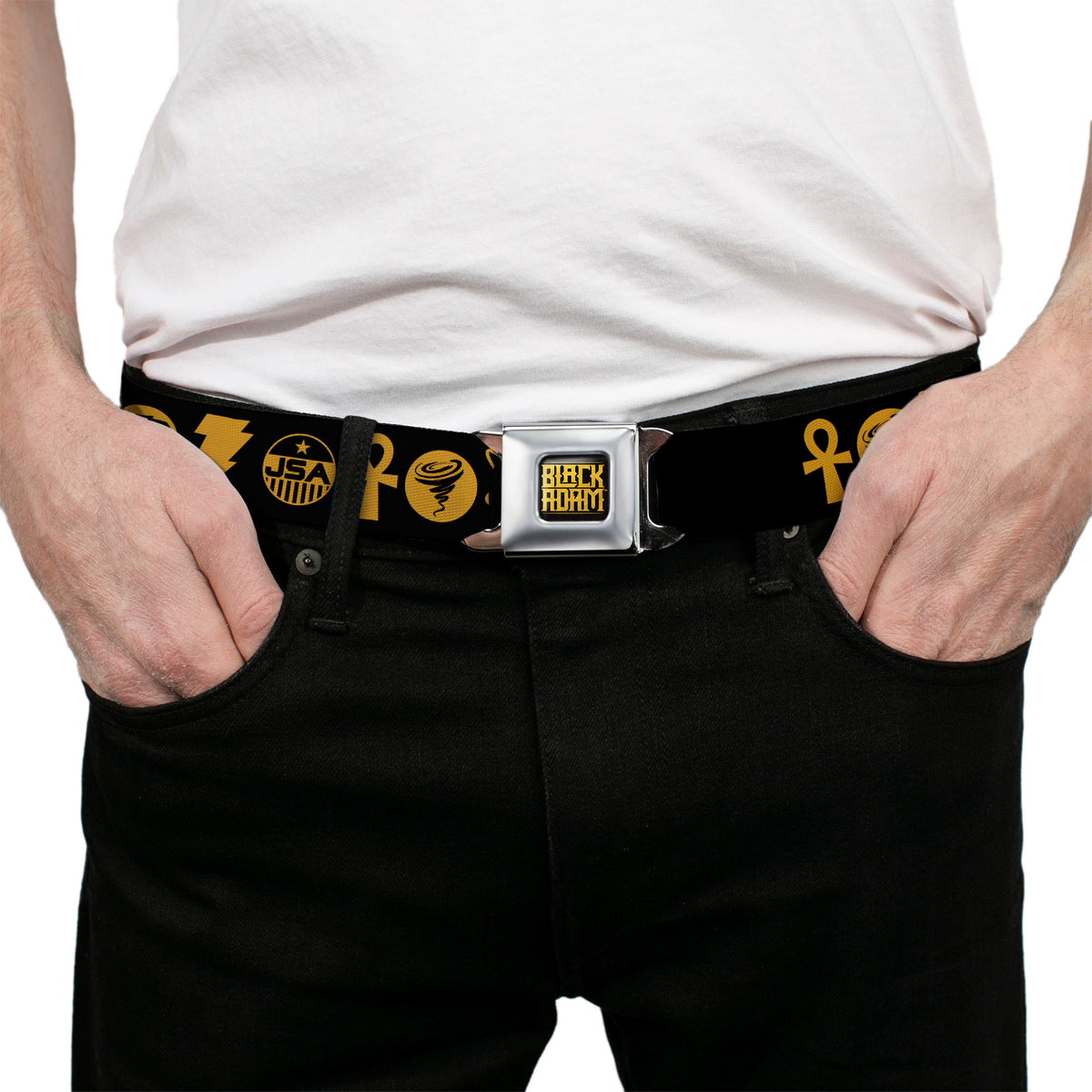 BLACK ADAM Title Logo Full Color Black/Yellows Seatbelt Belt - Black Adam Justice Society Icons Black/Orange Webbing Seatbelt Belts DC Comics