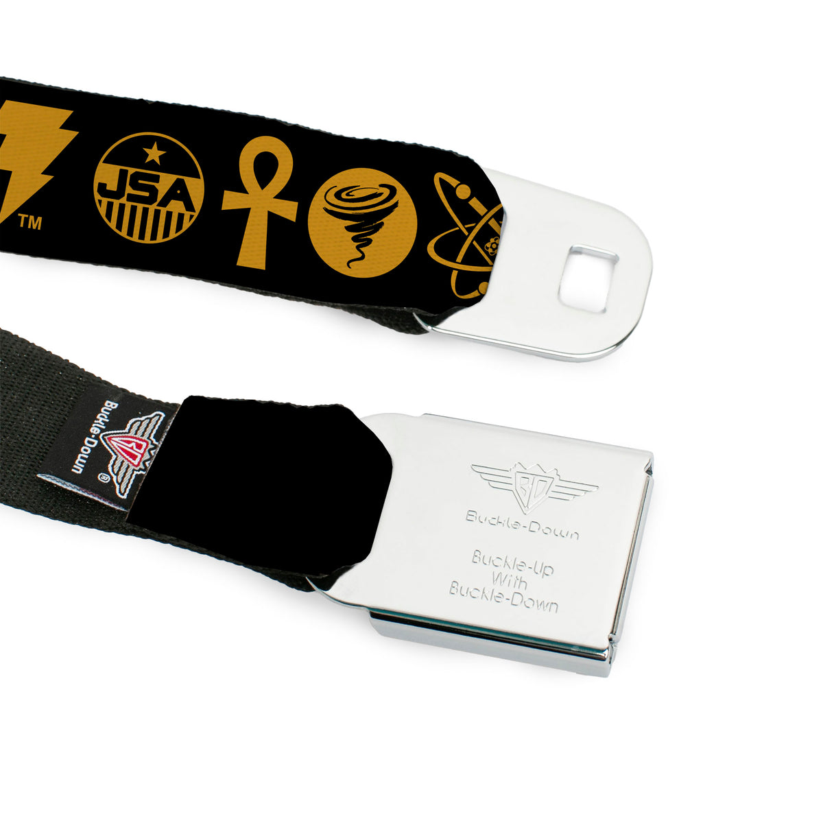 BLACK ADAM Title Logo Full Color Black/Yellows Seatbelt Belt - Black Adam Justice Society Icons Black/Orange Webbing Seatbelt Belts DC Comics
