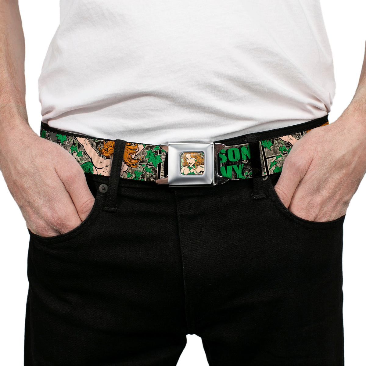 Posion Ivy Face Full Color Greens Seatbelt Belt - POISON IVY Poses/Comic Scenes Grays/Greens Webbing Seatbelt Belts DC Comics