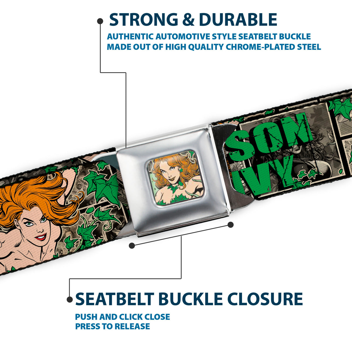 Posion Ivy Face Full Color Greens Seatbelt Belt - POISON IVY Poses/Comic Scenes Grays/Greens Webbing Seatbelt Belts DC Comics