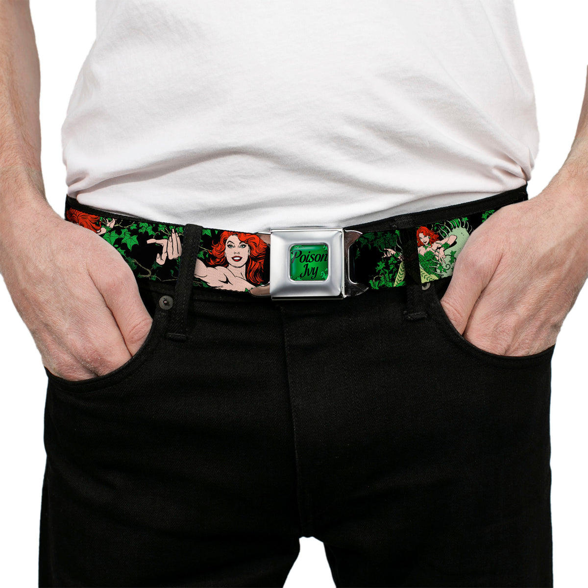 POISON IVY Script Leaves Full Color Greens Black Seatbelt Belt - DC Originals Poison Ivy 3-Poses/Ivy Black/Greens Webbing Seatbelt Belts DC Comics
