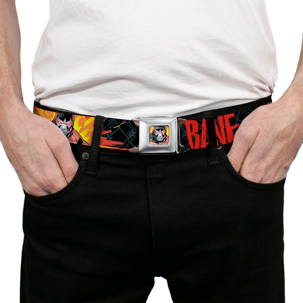 Bane Face Explosion Full Color Seatbelt Belt - BANE Pose/Explosion Bat Signal/Chanlink Black/Gray/Reds Webbing Seatbelt Belts DC Comics