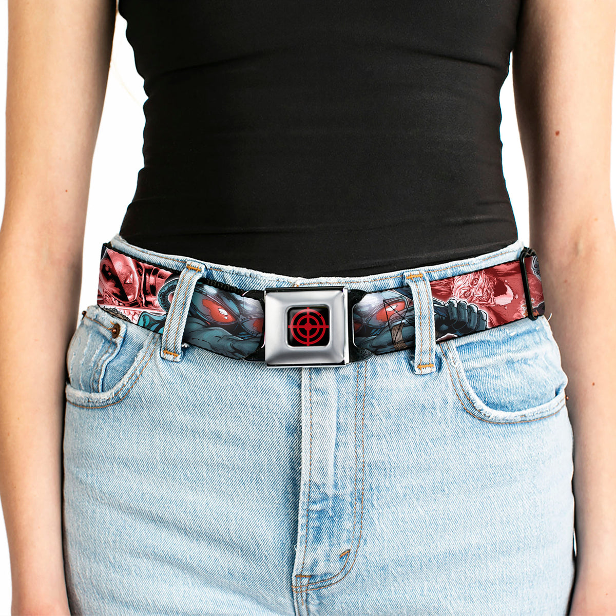 Suicide Squad Target Full Color Black/Red Seatbelt Belt - 5-Suicide Squad Villains Group Reds Webbing Seatbelt Belts DC Comics