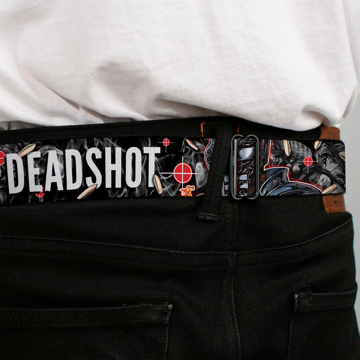 Suicide Squad Target Full Color Black/Red Seatbelt Belt - DEADSHOT Face/Pose/Targets/Bullets Webbing Seatbelt Belts DC Comics