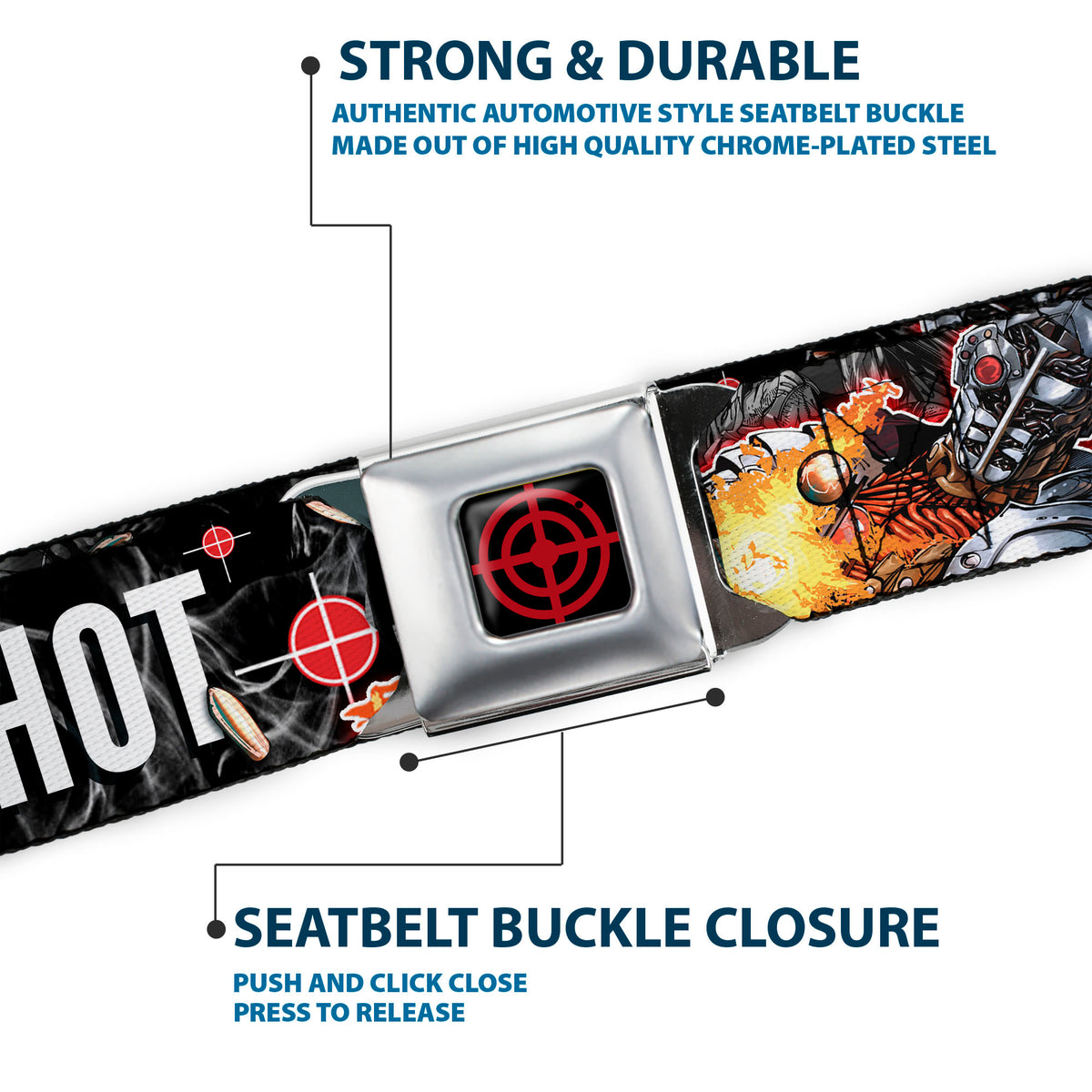 Suicide Squad Target Full Color Black/Red Seatbelt Belt - DEADSHOT Face/Pose/Targets/Bullets Webbing Seatbelt Belts DC Comics