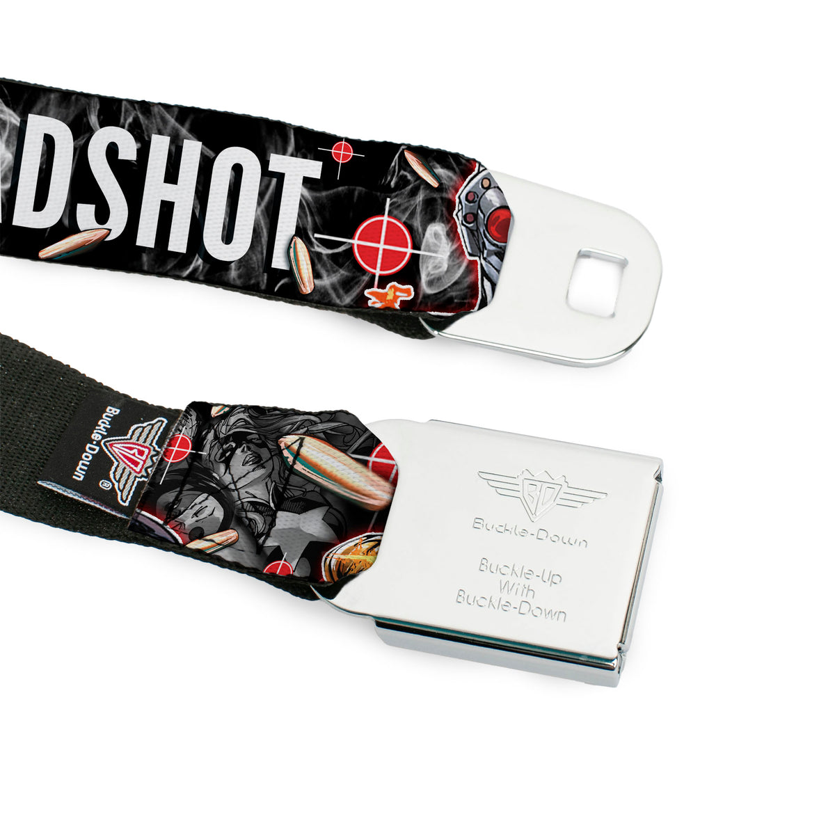 Suicide Squad Target Full Color Black/Red Seatbelt Belt - DEADSHOT Face/Pose/Targets/Bullets Webbing Seatbelt Belts DC Comics