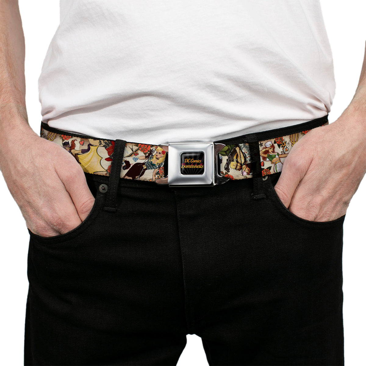 DC COMICS BOMBSHELLS Rays Full Color Black Gray Orange-Red Fade Seatbelt Belt - 10-DC Bombshells/Traditional Tattoos Scattered Tan Webbing Seatbelt Belts DC Comics