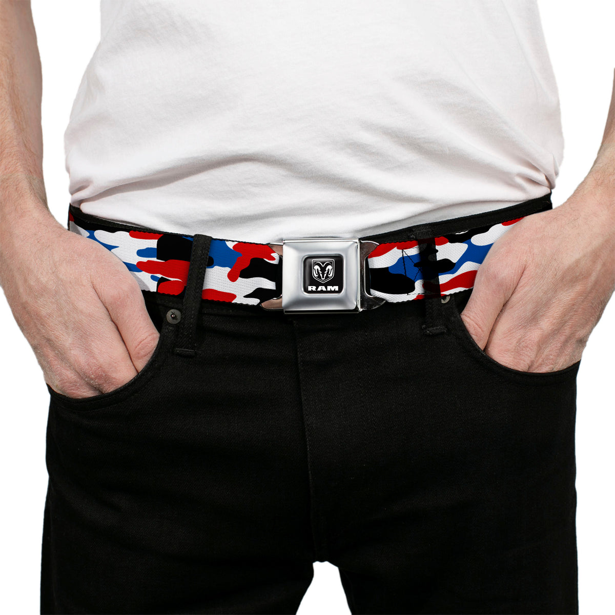 RAM Logo Full Color Black/White Seatbelt Belt - Ram Americana Camo Red/White/Blue/Black Webbing Seatbelt Belts Ram