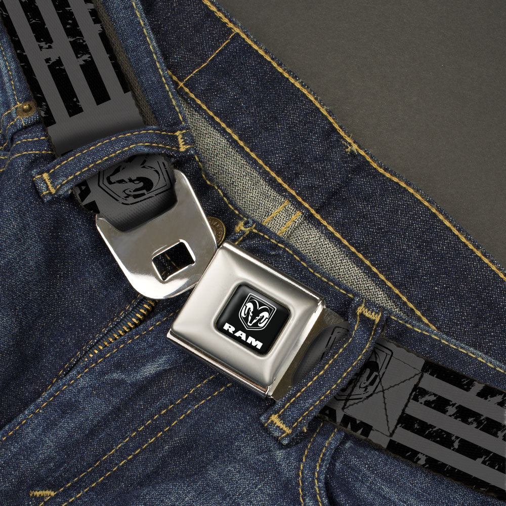 RAM Logo Full Color Black/White Seatbelt Belt - Ram Logo Americana Stripes Weathered Gray/Black Webbing Seatbelt Belts Ram