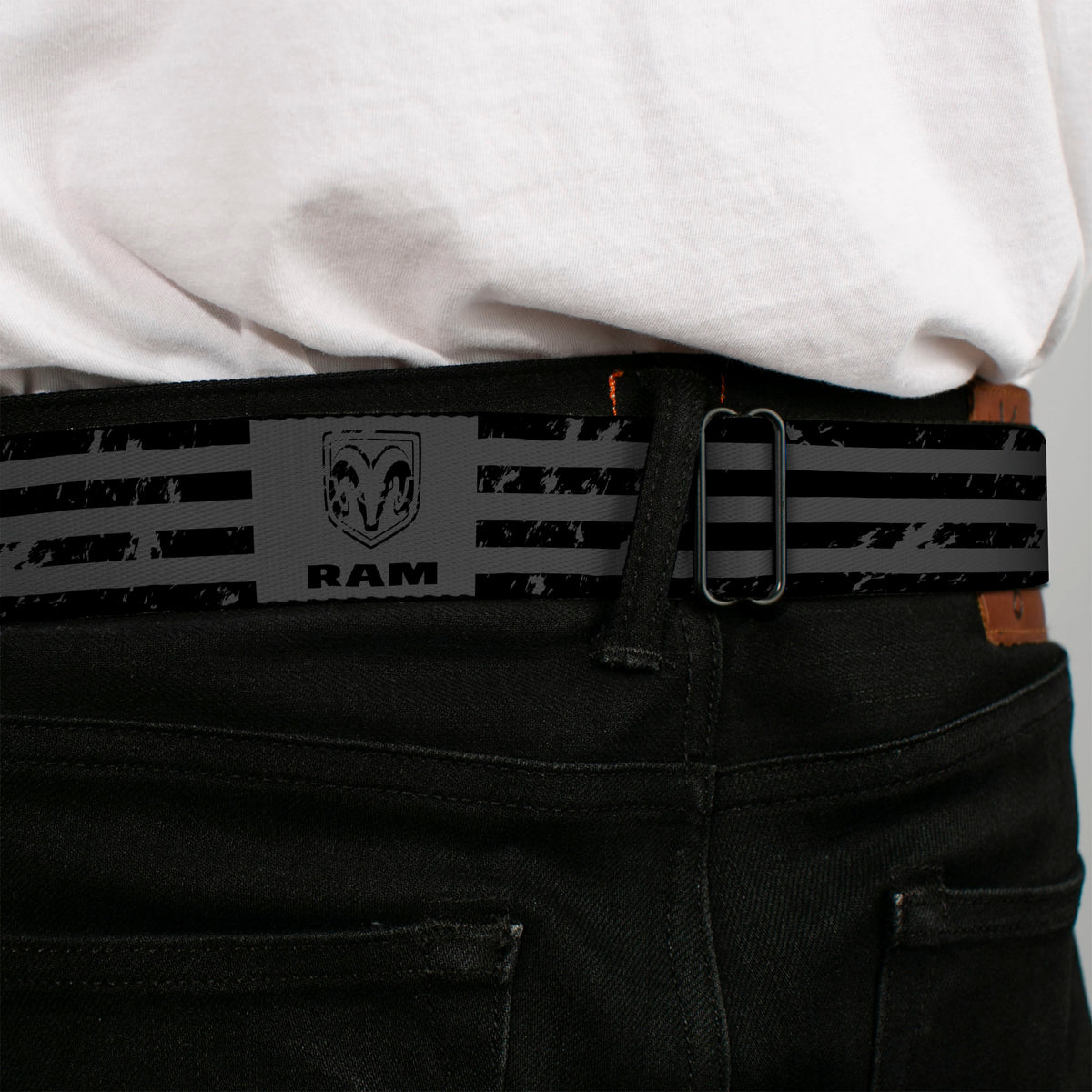 RAM Logo Full Color Black/White Seatbelt Belt - Ram Logo Americana Stripes Weathered Gray/Black Webbing Seatbelt Belts Ram
