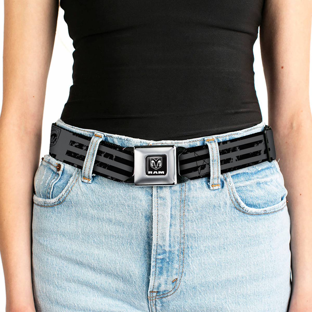 RAM Logo Full Color Black/White Seatbelt Belt - Ram Logo Americana Stripes Weathered Gray/Black Webbing Seatbelt Belts Ram