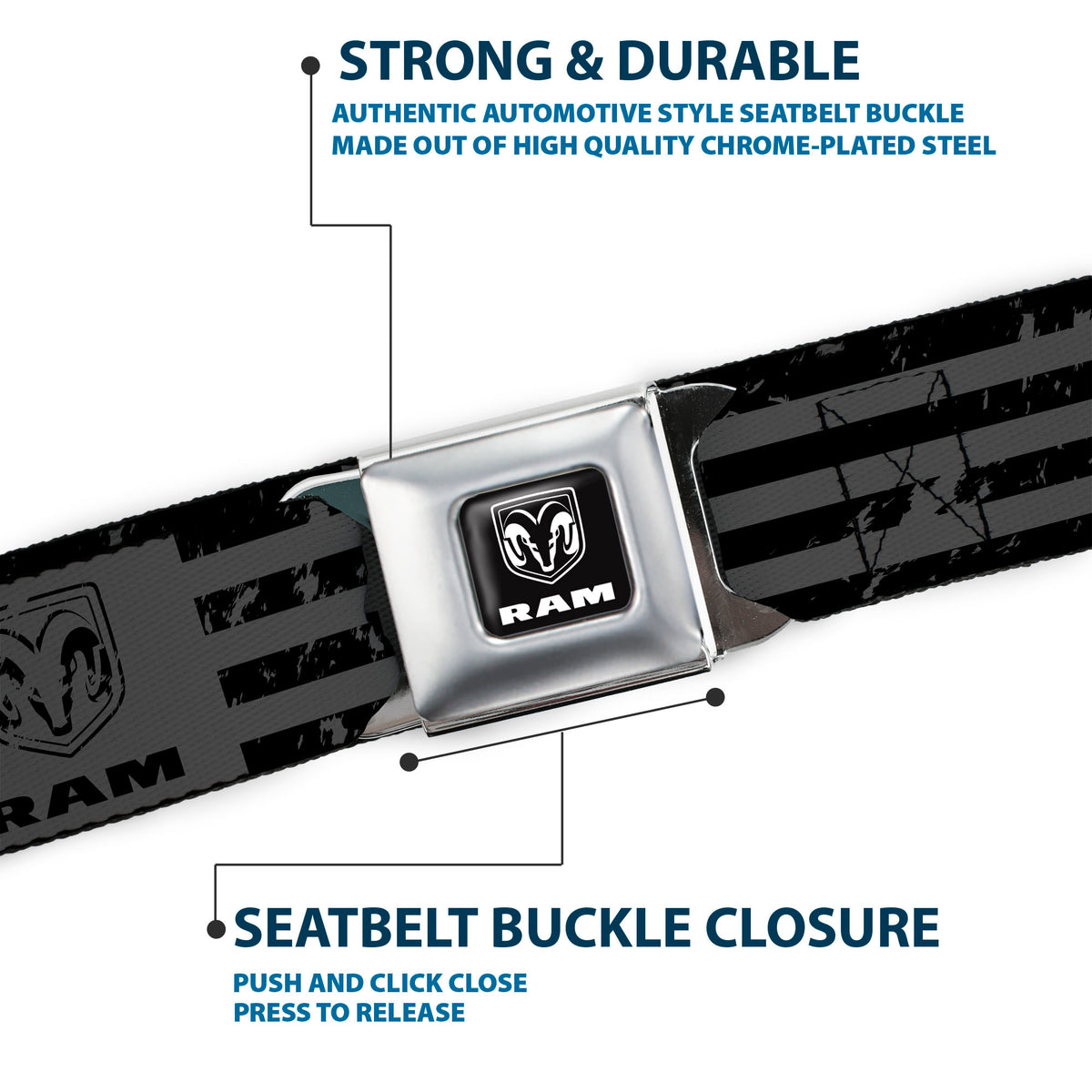 RAM Logo Full Color Black/White Seatbelt Belt - Ram Logo Americana Stripes Weathered Gray/Black Webbing Seatbelt Belts Ram
