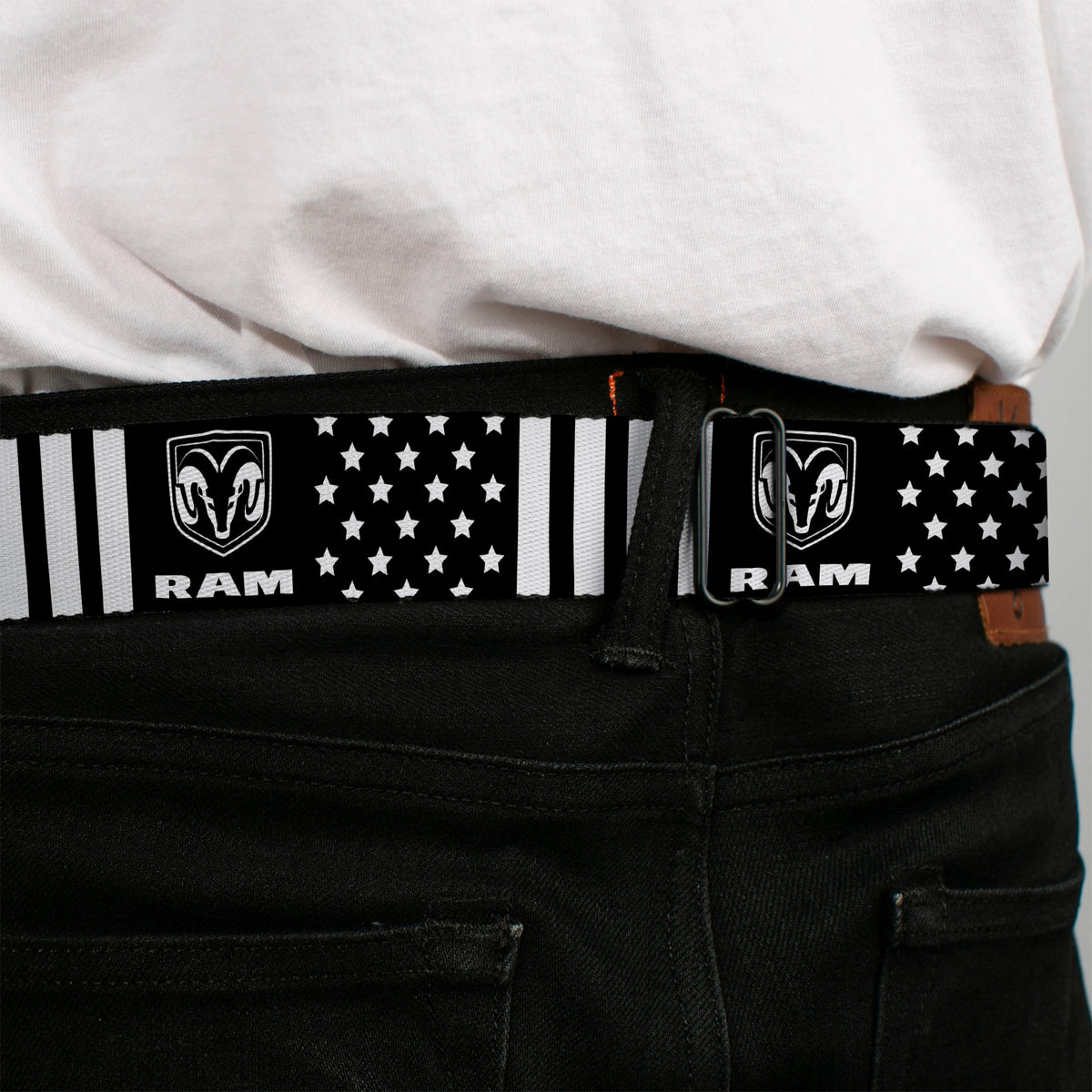 RAM Logo Full Color Black/White Seatbelt Belt - RAM Logo Americana Stars and Stripes Black/White Webbing Seatbelt Belts Ram